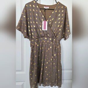 NEW Andree By Unit Boutique Dress Olive With Gold Polka Dots Flowy Womens Sz Med